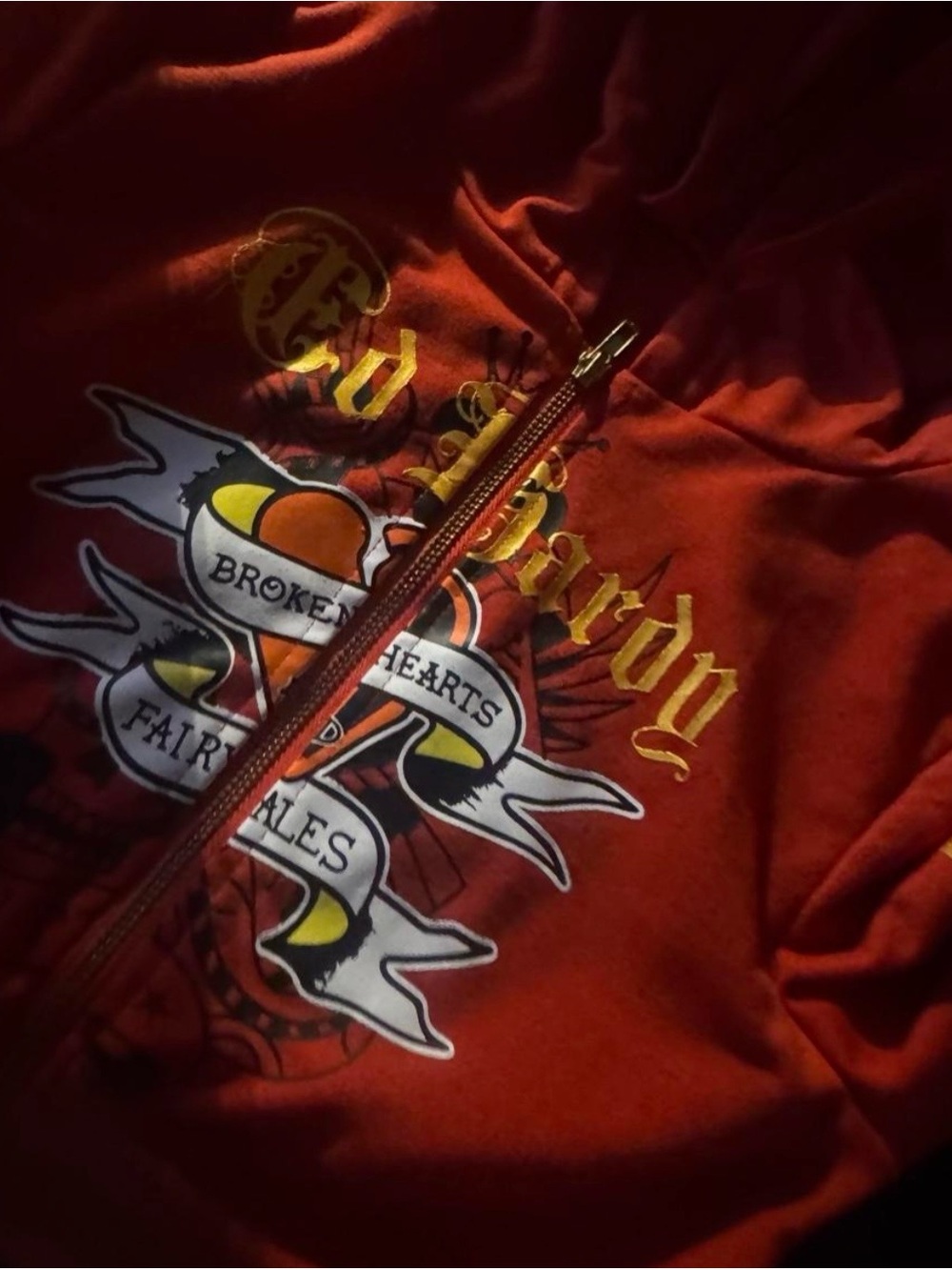 Ed Hardy Red Zip-Front Graphic Hoodie with Yellow Accents